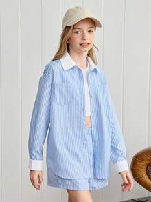 SHEIN 2pcs Tween Girls Blue And White Stripe Blouse And Shorts Set,Casual Loose Long Sleeve Oversized Shirt Two Piece Set For School,Autumn Back-To-School - Blue - View 5