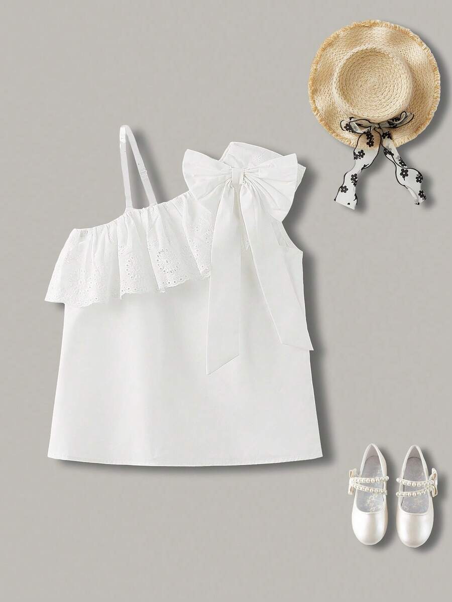 Joliand Joliand 1 件青少年女孩优雅都市可爱白色荷叶边蝴蝶结吊带衬衫,适合旅行、聚会、海边、夏季 - 白色 - 查看 1