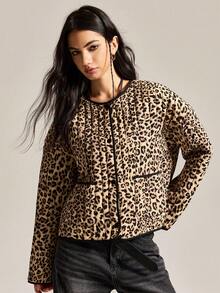 Easelle 复古游牧风格圆领口袋宽松舒适女士夹棉外套猎豹印花夹克女式夹克动物印花夹克女式豹纹夹克短款夹克 - 彩色 - 查看 4