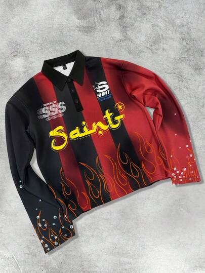 Street Life Camiseta polo de manga larga con estampado y rayas para hombre, estilo universitario casual