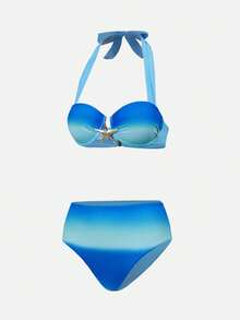Swim Oasis Women's Elegant Starfish Metal Underwire Padded Bikini Top & Drawstring Ruched Gradient Blue Ombre Skirt Swimsuit Set Women's Beach Fashion Beach Skirt Push Up Top - Multicolor - View 5