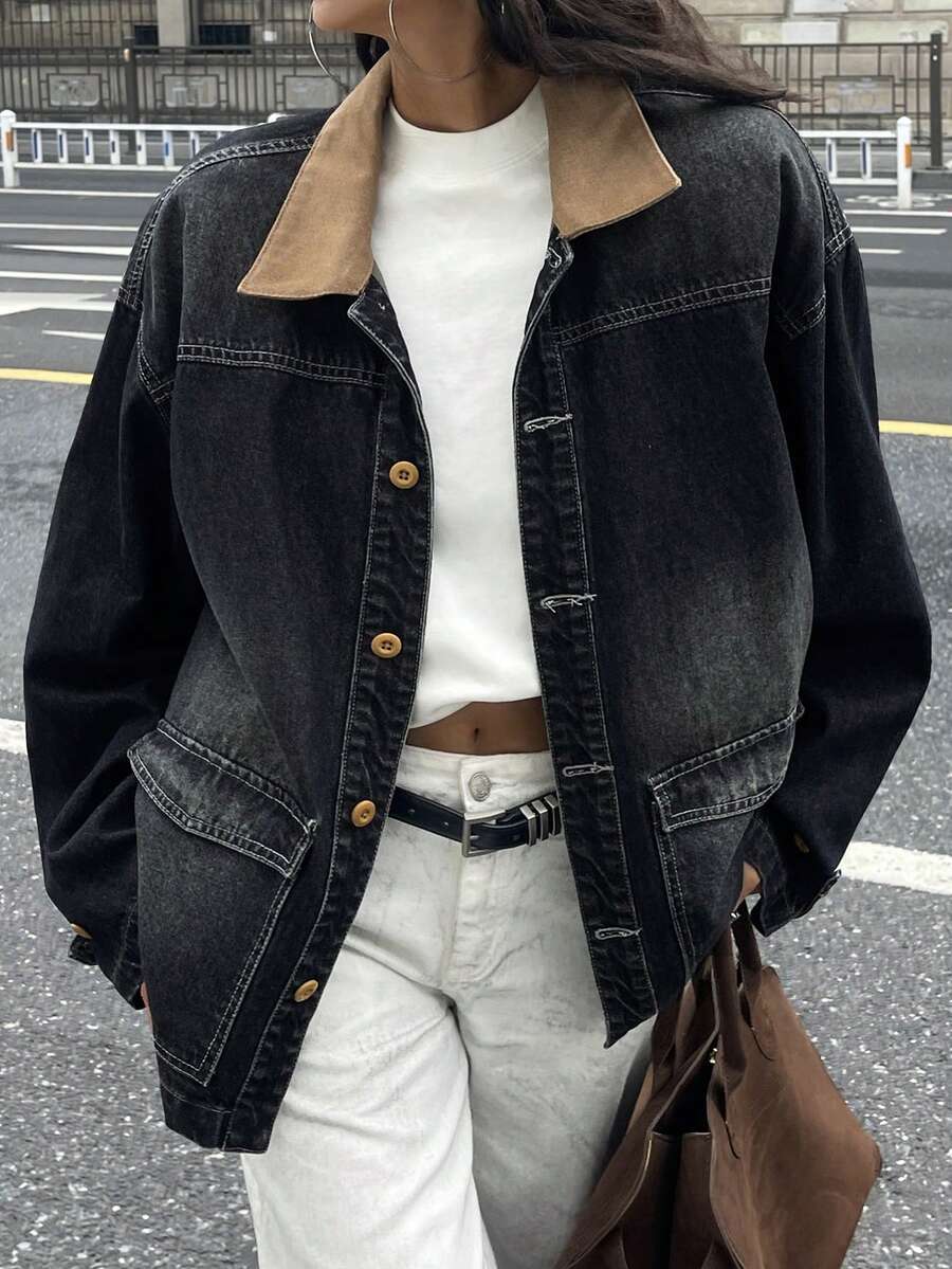 DAZY 女式撞色领口纽扣休闲长袖牛仔夹克 - 深色水洗藍 - 查看 1