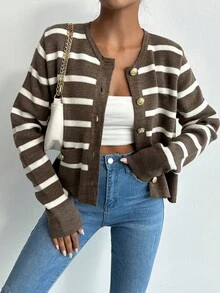 EURMUSE Women's Striped Long Sleeve Metal Button Decor Casual Cardigan, Autumn/Winter , Brown Cardigans In Women - Chocolate Brown - View 3