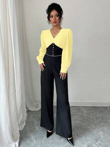 Modelyn Elegant V-Neck Contrast Color Waist Cinched Loose Wide Leg Pants - Yellow - View 5