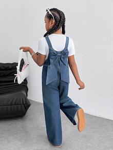 SHEIN 青少年女孩时尚 Y2k 柔软可爱蝴蝶结宽松海军蓝牛仔裤工装裤，适合青少年女孩服装、女孩服装日常服装、四季服装、女孩街头服装和返校服装 - 中等水洗藍 - 查看 4