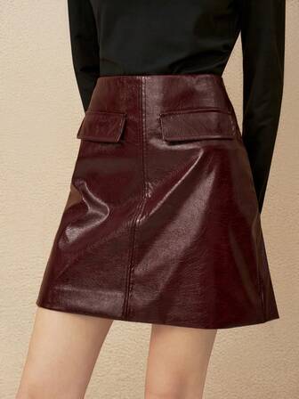 Cévolie 女式纯色 PU 皮革 A 字迷你裙