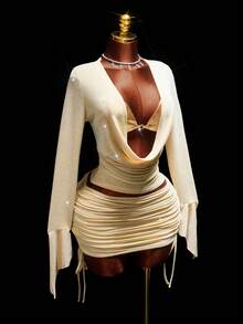 Amplova Women's Sexy 2 Pieces Set, Suitable For Party, Long Sleeve Top With Bra Cup And Mini Skirt, Autumn/Winter