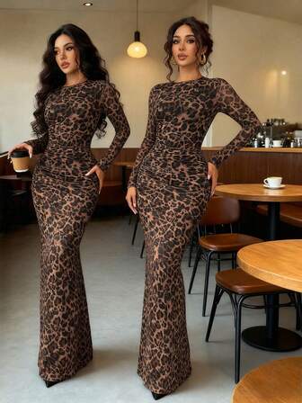 Rafferiza Women Elegant Leopard Print Fitted Mesh Sheer Long Sleeve Dress, Suitable For Spring And Autumn Maxi Women Outfit