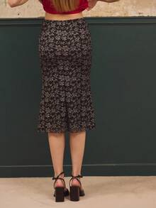 lacRébo Black Fitted Midi Skirt In Metallic Floral Lace Chic Party Skirt Evening Skirt Business Casual Skirt Shiny Skirt Autumn Winter - Black - View 2