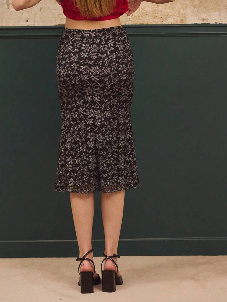 Falda midi ajustada negra de encaje floral metálico elegante para fiesta, otoño e invierno