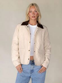 Aloruh Women's Casual Versatile Contrast Color Collar Jacket, Autumn/Winter - Apricot - View 8