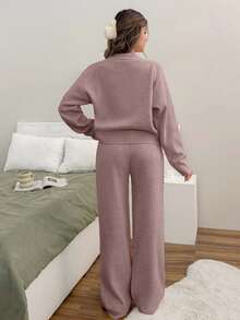 EURMUSE Woman V Neck Long Sleeves With Pearl Buttons Cardigan And Pants Two Pieces Knitwear Set - Dusty Pink - View 3