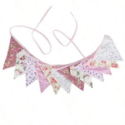1件装多色复古花卉三角旗，长3.2米，可重复使用的布艺横幅彩旗，适用于生日庆祝派对用品、房间装饰、墙面装饰、婚礼、节日装饰、家居户外场景。