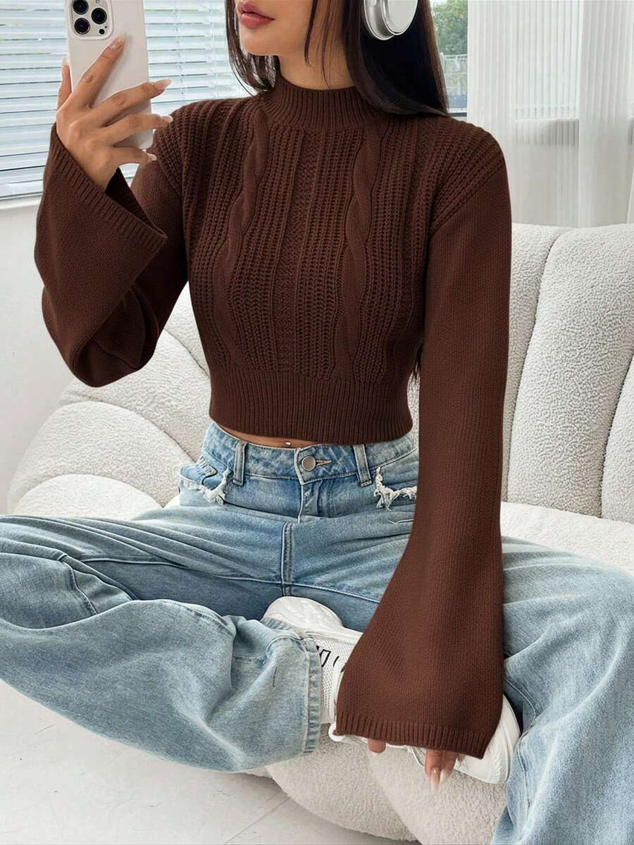 SHEIN EZwear 秋冬简约休闲咖啡棕色立领喇叭袖长袖短款毛衣 - 咖啡棕 - 查看 1