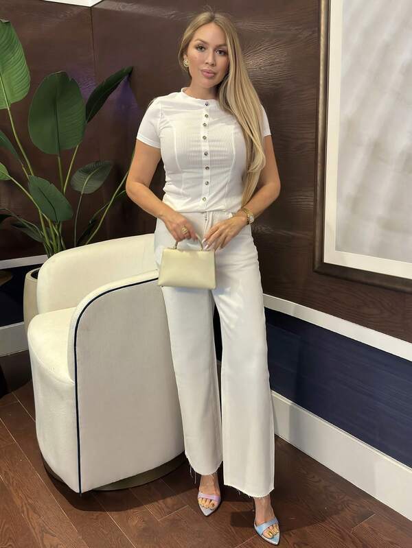 Cioccolato 女式纯色圆领短袖罗纹针织上衣