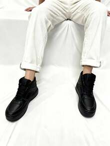 Tenis para hombre alta resistencia sintético transpirable punta redonda con cordones suela gruesa antideslizante estilo urbano cancha tenis - Negro - Ver 3