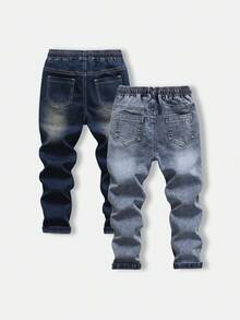 小男孩基本款休闲运动日常学院风猫须细节中弹柔软抽绳腰部修身牛仔裤黑色和牛仔蓝两件套，儿童必备日常时尚单品 - 彩色 - 查看 2