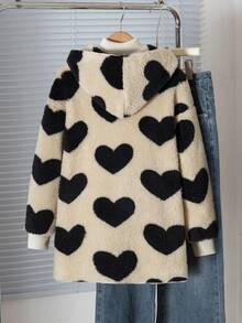 Tween Girls Casual All-Match Versatile Homewear Daily School Linen Heart Jacquard Fleece Collar Open Front Mid-Length Autumn/Winter Jacket - Khaki - View 2