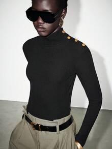 Lumivelle Button Decor Turtleneck Knit Top, Autumn/Winter New Arrival - Black - View 7