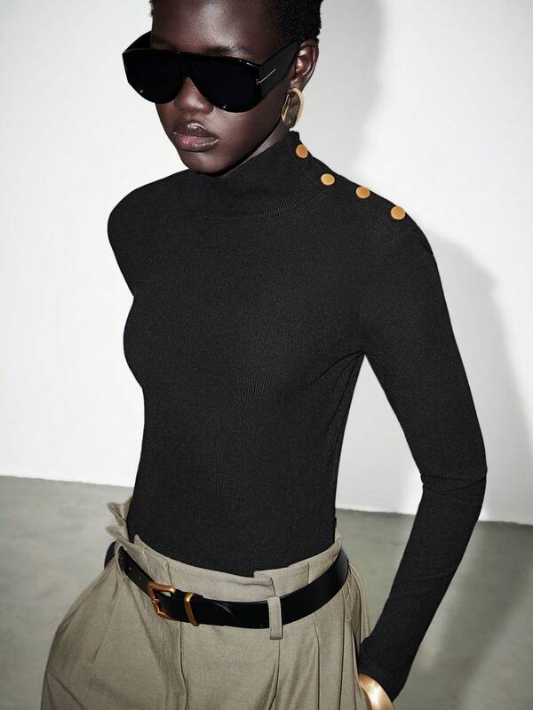 Lumivelle Button Decor Turtleneck Knit Top, Autumn/Winter New Arrival