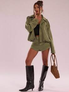 SHEIN BAE Women's Regular Faux Suede Long Sleeve Single Breasted Loose Casual Jacket, For Spring, Women's Pocket Metal Button Short Military Green Jacket Suitable For Spring And Autumn