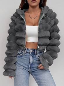 SHEIN EZwear 女士时尚灰色蓬松连帽短款人造毛皮夹克，秋冬 - 灰色 - 查看 4