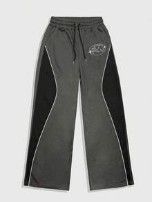 ROMWE MEN Street Life Pantalon ample à jambes larges, taille à cordon de serrage, avec décorations de strass et passepoil contrastant, style mode de rue décontracté pour hommes - Multicolore - Voir 1