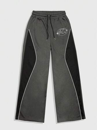 Street Life Pantalon ample à jambes larges, taille à cordon de serrage, avec décorations de strass et passepoil contrastant, style mode de rue décontracté pour hommes