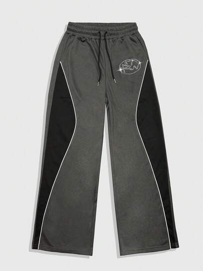 Street Life Men's Casual Fashion Street Rhinestone Decor Contrast Piping Colorblock Drawstring Waist Loose Wide Leg Pants