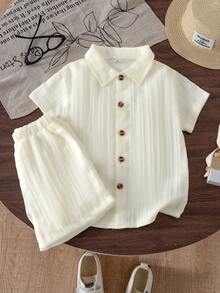 SHEIN Genkimix Kids 男童夏季休閒純色織紋短袖衫和短褲套裝 - 白色 - 查看 3