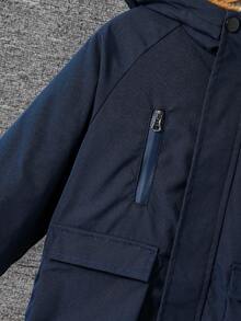 SHEIN 男童休闲日常通勤翻盖口袋拉链保暖内衬连帽棉服外套，秋冬