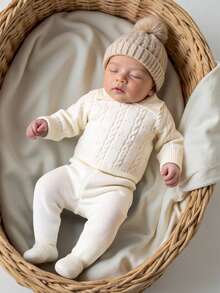 SHEIN Newborn Baby Sweater Co-Ords,Cute All White Autumn Knitted Long Sleeve Turtleneck Cable Design Sweater&Pants Two Pieces Set,Neutral Vintage Clothes - Apricot - View 7
