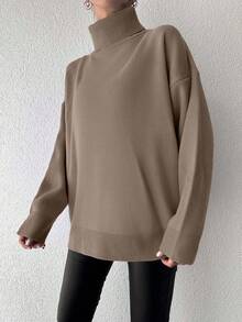 EURMUSE Ladies' Solid Color High Neck Rib Knit Drop Shoulder Sweater - Camel - View 5