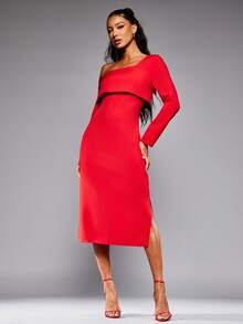 NYA SZN Đầm Maxi Dài Tay Bất Đối Xứng Dịp Đặc Biệt Trang Trọng Khiêm Tốn Đám Cưới Khách Dự Tiệc Cưới Tốt Nghiệp Kỳ Nghỉ Hẹn Hò Trang Phục Dài Cho Nữ - Đỏ - Xem 3