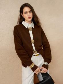INAWLY Women's Fashionable & Elegant Floral Shaped Button Knit Cardigan - Brown - View 4
