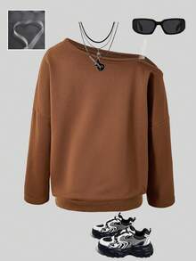 1 buah Sweatshirt Lengan Panjang Kerah Miring Kasual untuk Remaja Perempuan, Musim Gugur - Coklat - View 2