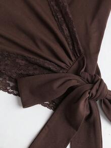 Sweetra Women's Coffee Brown Lace Trim V-Neck Criss-Cross Tie Waist Long Sleeve Straight Leg Pants Elegant 2 Pieces Set, Autumn/Winter - Coffee Brown - View 7