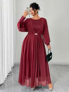 Elenzga Đầm xòe thanh lịch tay dài tay cánh dơi nhún bèo đính đá trang trí cỡ lớn cho nữ - Màu Đỏ Sâu - Xem 1