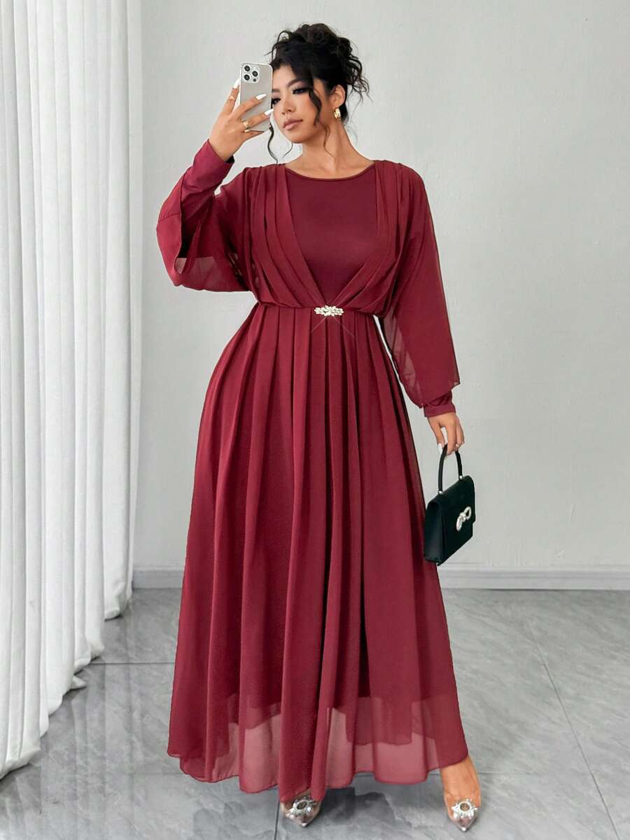 Elenzga Đầm xòe thanh lịch tay dài tay cánh dơi nhún bèo đính đá trang trí cỡ lớn cho nữ - Màu Đỏ Sâu - Xem 1