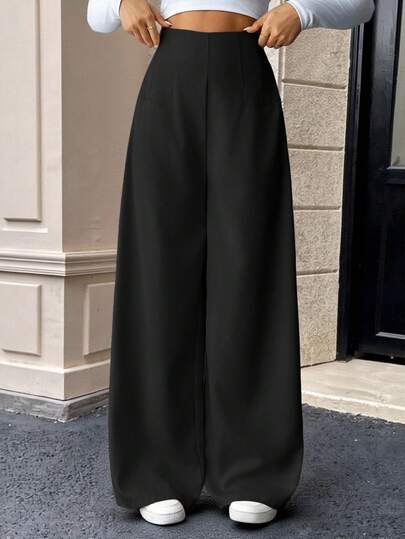 SHEIN Tween Girls Casual Fashionable Comfortable High Waist Wide Leg Straight Trousers, Suitable For Dailywear ,Black Color Black Pants High Waist Wide Leg Pants Elegant Black Pants Black Wide Leg Pants High Waist Pants