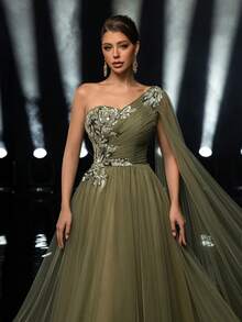 Glamrae 优雅奢华刺绣亮片串珠设计拼接网眼荷叶边超大袖长裙，适合婚礼、派对、度假、舞会、晚礼服（重饰） - 橄欖綠 - 查看 2