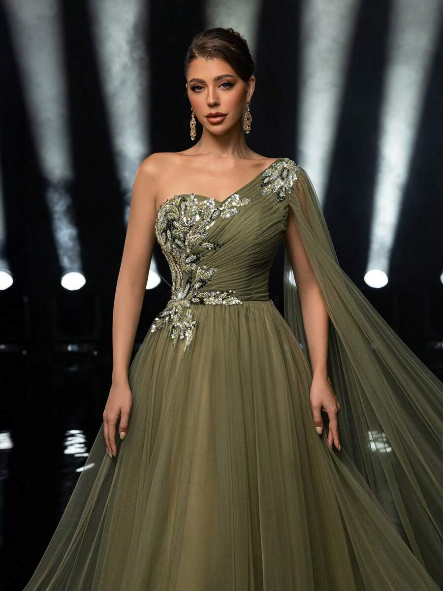 Glamrae 优雅奢华刺绣亮片串珠设计拼接网眼荷叶边超大袖长裙，适合婚礼、派对、度假、舞会、晚礼服（重饰）