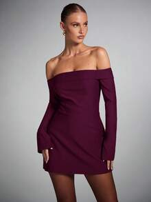 SHEIN BAE 女式纯色露肩喇叭袖时尚连衣裙 - 中紫紅色 - 查看 5