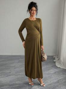 SHEIN Maternity Solid Color Minimalist Daily Wear Round Neck Long Sleeve Dress - Army Green - View 5