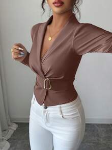 Elenzga Women's Solid Color Shawl Collar Long Sleeve Metal Waist Design Fashion Shirt - Brown - View 5