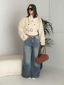 Ronhire 女士休闲百搭口袋阔腿牛仔裤 - 藍色 - 查看 1