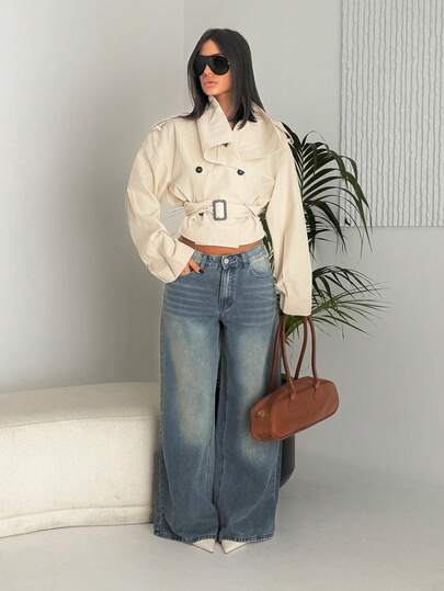 Ronhire 女士休闲百搭口袋阔腿牛仔裤