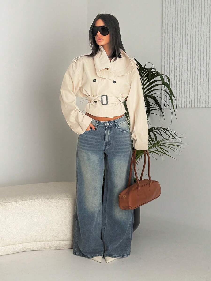 Ronhire 女士休闲百搭口袋阔腿牛仔裤 - 藍色 - 查看 1