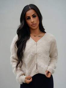 SAYEHFBABY Áo len cardigan cổ chữ V rộng rãi, mềm mại, sang trọng kiểu Pháp - Màu Khaki - Xem 1