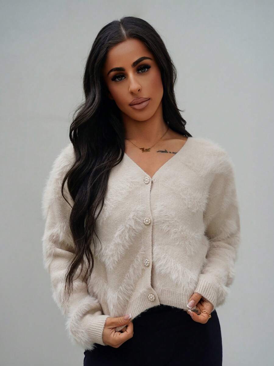 SAYEHFBABY Áo len cardigan cổ chữ V rộng rãi, mềm mại, sang trọng kiểu Pháp - Màu Khaki - Xem 1